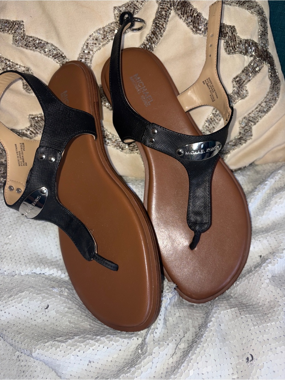 Michael Kors Black Leather Thong Sandals with Brown Footbed